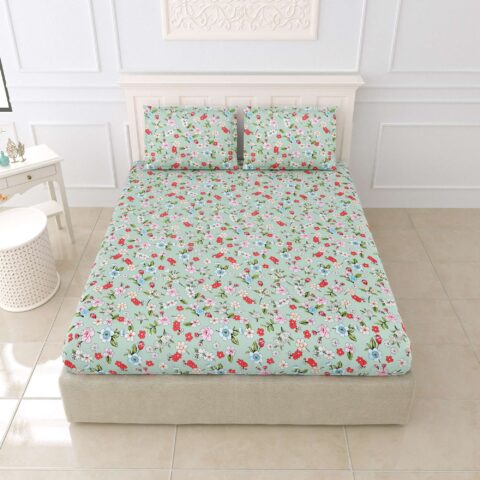 Floral Green Diva King Size Bed Elastic Fitted Sheet with 2 Pillow Covers