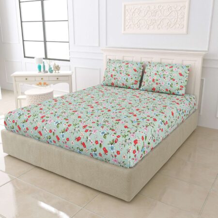 Floral Green Diva King Size Bed Elastic Fitted Sheet with 2 Pillow Covers