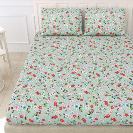 Floral Green Diva King Size Bed Elastic Fitted Sheet with 2 Pillow Covers