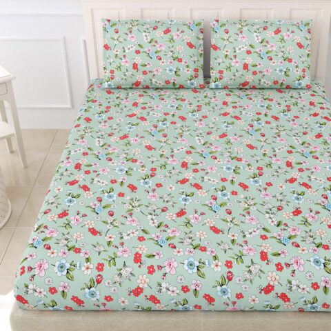 Floral Green Diva King Size Bed Elastic Fitted Sheet with 2 Pillow Covers - Image 2