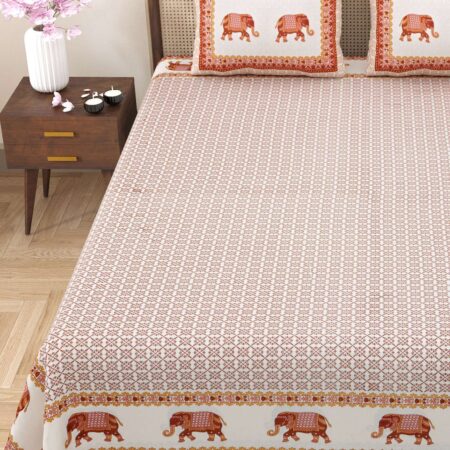 Elephant Print 90×108 Inches Double Bed Pure Cotton Bedsheet | 2 Pillow Covers | Fast Colours | Cotton Queen Size Bedsheet