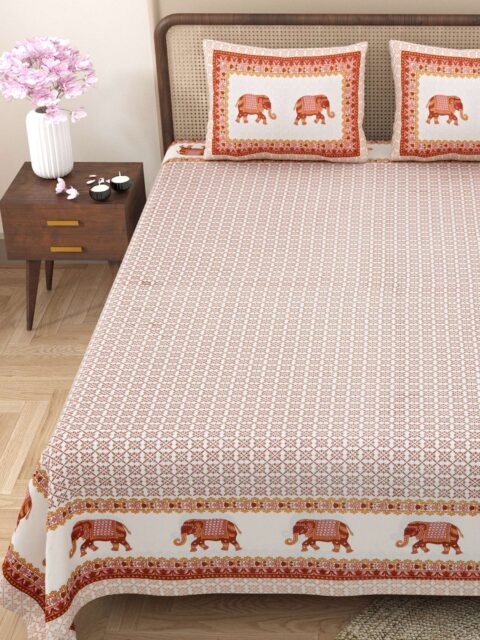 Elephant Print 90x108 Inches Double Bed Pure Cotton Bedsheet | 2 Pillow Covers | Fast Colours | Cotton Queen Size Bedsheet - Image 2