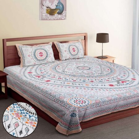 Diwan Bed Sheet 70×100 Inches | Pure Cotton | Artistic Collection | 2 Pillow Covers | Fade Resistant