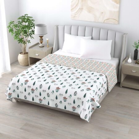 Flannel Filling Grey Leaves Double Bed 100% Cotton Dohar or Quilt in 90×100 Inches