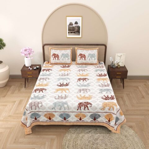 Multicolour Elephant Print 90x108 Inches Double Bed Sheet + 2 Pillow Covers + Jaipur Print Collection