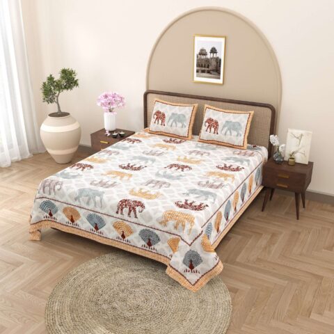 Multicolour Elephant Print 90x108 Inches Double Bed Sheet + 2 Pillow Covers + Jaipur Print Collection - Image 6