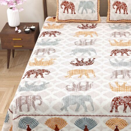 Multicolour Elephant Print 90×108 Inches Double Bed Sheet + 2 Pillow Covers + Jaipur Print Collection