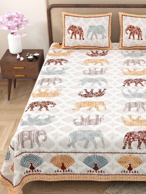 Multicolour Elephant Print 90x108 Inches Double Bed Sheet + 2 Pillow Covers + Jaipur Print Collection - Image 2