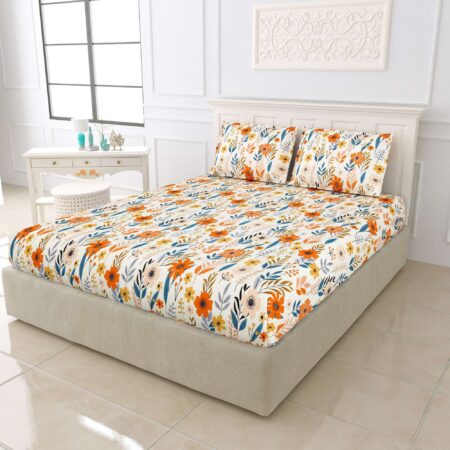 72x78x10 Inches Glace Cotton Fitted Bedsheet | King Size Bed | 2 Pillow Covers | Machine Washable