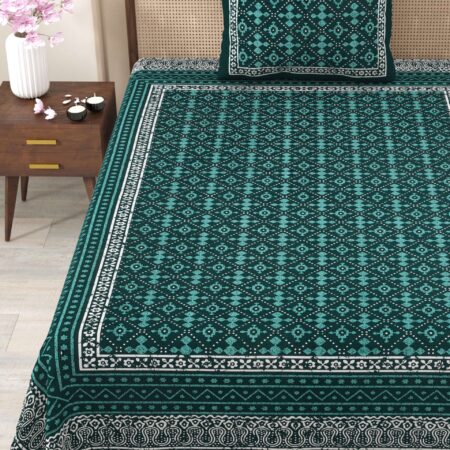 Dark Colour Cotton Bedsheet | 90×108 Inches Double Bed Sheet | Dabu Print Collection | 2 Pillow Covers