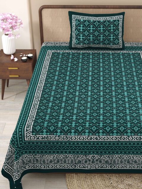 Dark Colour Cotton Bedsheet | 90x108 Inches Double Bed Sheet | Dabu Print Collection | 2 Pillow Covers - Image 3